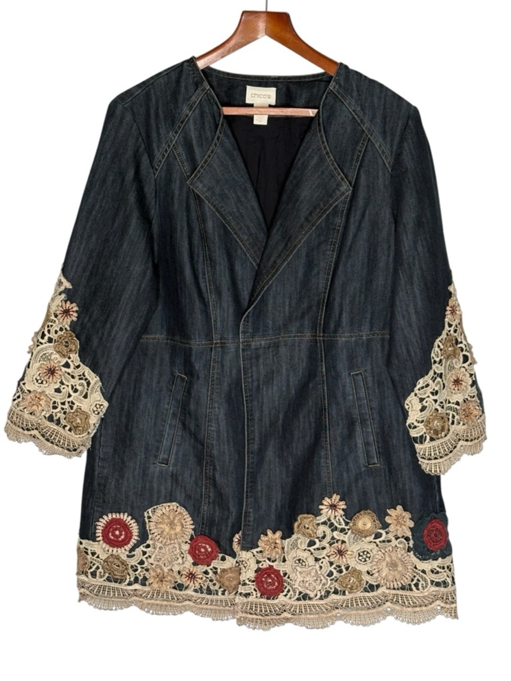 Chicos Embroidered Lace Denim Jacket Duster • Size 2 /US L • 3/4 Sleeve - Picture 5 of 15